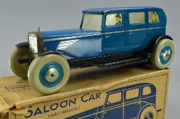 A BOXED CHAD VALLEY LITHOGRAPHED TINPLATE CLOCKWORK SALOON CAR, No.10004, blue body, black chassis