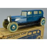 A BOXED CHAD VALLEY LITHOGRAPHED TINPLATE CLOCKWORK SALOON CAR, No.10004, blue body, black chassis