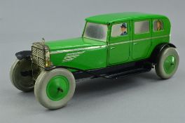 AN UNBOXED CHAD VALLEY LITHOGRAPHED TINPLATE CLOCKWORK SALOON CAR, No.10004, green body, black