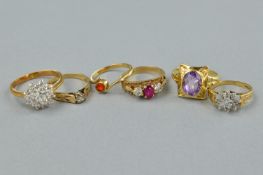 SIX ASSORTED GEM SET RINGS, to include a fire opal single stone, ring size M, a cubic zirconia