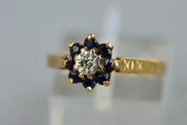 A 9CT GOLD SAPPHIRE AND DIAMOND ROUND CLUSTER RING, ring size K, approximate gross weight 1.1 grams