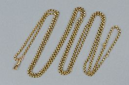 A LATE 19TH CENTURY TO EARLY 20TH CENTURY GUARD CHAIN, round belcher link, measuring approximately