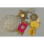 A BAG OF MISCELLANEOUS, to include a compact, medal, badges, etc