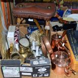 A BOX AND LOOSE METALWARES, CAMEL STOOL ETC, to include copper kettle, petit point brush set etc