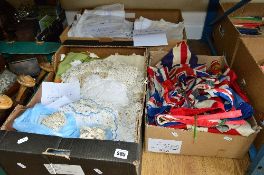 THREE BOXES OF VINTAGE FABRICS, to include table and bed linen, Union Jack Bunting Flags,