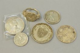 A BAG OF MIXED SILVER COINS AND A SEAL RING