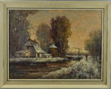 MARKEY/MACKEY (20TH CENTURY) SNOW COVERED LANDSCAPE WITH FIGURE WALKING BESIDE WATER'S EDGE, oil