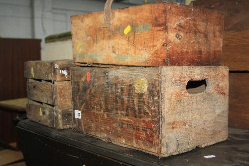 THREE VINTAGE WOODEN CRATES one with Babycham embossed on front and back and a circular mirror (4)