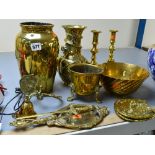 A SELECTION OF BRASS ITEMS, to include candlesticks, vases, bowls and a bell etc (11)