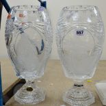 A PAIR OF ROYAL BRIERLEY HAND CUT CRYSTAL DECORATIVE VASES, etched with panels depicting Lawrence of