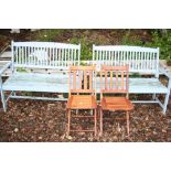 A PAIR OF PAINTED WOODEN GARDEN BENCHES, and a pair of folding chairs, approximate length 120cm (4)