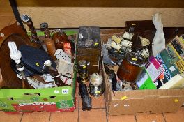 TWO BOXES AND LOOSE SUNDRY ITEMS, to include dog shaped nutcracker, RAF cap, table top timepiece/