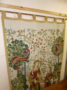 A 20TH CENTURY WALL TAPESTRY OF A MEDIEVAL SCENE, on an oak rail, approximate size width 122cm x