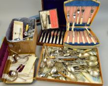 A SELECTION OF LOOSE FLATWARE, boxed and mother of pearl handled fish knives and forks
