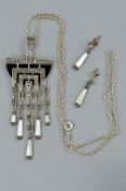 A SILVER ART DECO 'STYLE' MARCASITE, ONYX AND MOTHER OF PEARL PENDANT AND EARRING SET, pendant