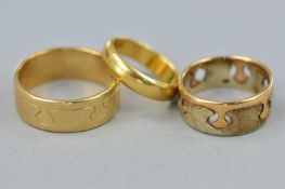 A COLLECTION OF WEDDING RINGS, to include a 'jigsaw' design flat section band measuring