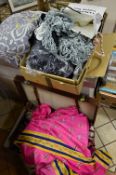 TWO BOXES AND LOOSE MATERIAL, CORD, SARI'S, THROWS, etc