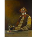 CAVAN CORRIGAN (BRITISH, B.1942-), HALF LENGTH PORTRAIT OF A CLOWN, seated at a table holding a