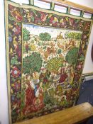 A 20TH CENTURY WALL TAPESTRY OF A FIGHTING MEDIEVAL SCENE, on an oak rail, approximate size width