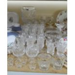 A GROUP OF CUT GLASS DRINKING GLASSES, together with a large oversize goblet style vase,