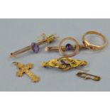 AN EARLY 20TH CENTURY COLLECTION OF JEWELLERY, to include two single stone amethyst bar brooches,