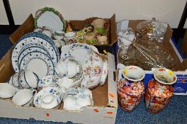 THREE BOXES OF CERAMICS, GLASSWARE, etc, to include Royal Doulton 'Cambridge', Tuscan, Staffs and