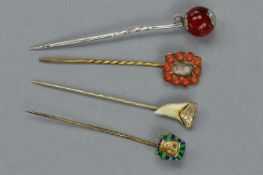 A COLLECTION OF STICK PINS, to include a late Victorian coral mourning pin, featuring a plaited hair