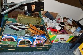 FOUR BOXES OF CERAMICS, SUNDRY ITEMS, etc, to include die cast vehicles, model ships, Denby