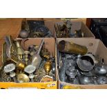 FOUR BOXES OF METALWARES, to include trench art, scales and weights, bottle jack, candlesticks etc