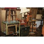 A BRASS COAL BOX, a mid century tray top trolley, smokers stand, lamp, five mirrors etc (12)