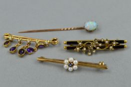 A COLLECTION OF EARLY AND MID 20TH CENTURY BROOCHES, to include a single stone opal stick pin,