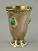 A SMALL SILVER GOBLET, set with green stones