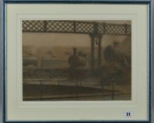 MARTIN J DOBSON (BRITISH 1947), a pastel and chalk drawing of steam trains in a railway station,