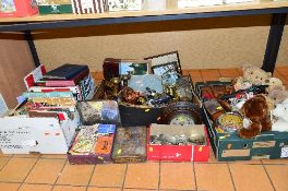 FOUR BOXES AND LOOSE SUNDRY ITEMS, to include books, cutlery, soft toys, barometer etc