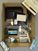 A BOX OF MISCELLANEOUS, to include Parker ball points, a boxed Parker 51 pen, etc