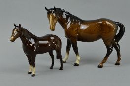 TWO BESWICK BROWN HORSES, 'Mare' (facing left) No976 and 'Thoroughbred Stallion' (small) No1992 (2)