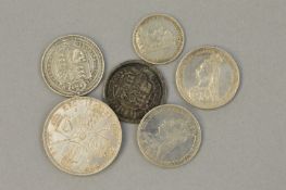 SIX MIXED SILVER COINS