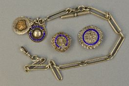 A SILVER WATCH CHAIN WITH VARIOUS FOBS approximate weight 81.4 grams
