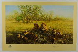 DAVID SHEPHERD (BRITISH 1931-2017), 'FIRST LIGHT AT SAVUTI', a limited edition print of Lions