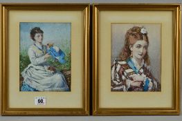 A PAIR OF VICTORIAN? WATERCOLOUR PAINTINGS, the first of a young woman wearing a colourful shawl,