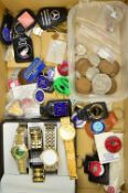 A BOX OF MISCELLANEOUS ITEMS, to include coins, watches, badges, etc