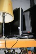 A TOSHIBA 17' TV, a Hitachi 15' TV, a digibox and two lamps (two remotes) (2)