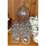 AN ETCHED GLASS PUNCH SET, comprising covered punch bowl and ladle and twelve cups