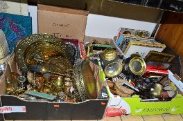 FOUR BOXES AND LOOSE SUNDRY ITEMS, to include brass and metal wares, a pair of electric coaching