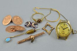 AN ASSORTED JEWELLERY COLLECTION, to include a pair of 9ct rose gold cufflinks, oval discs