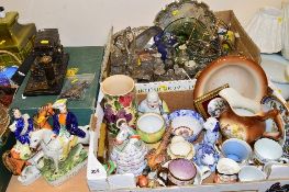 TWO BOXES AND LOOSE CERAMICS, GLASS, METALWARE, etc, to include plated cruet stands (some with