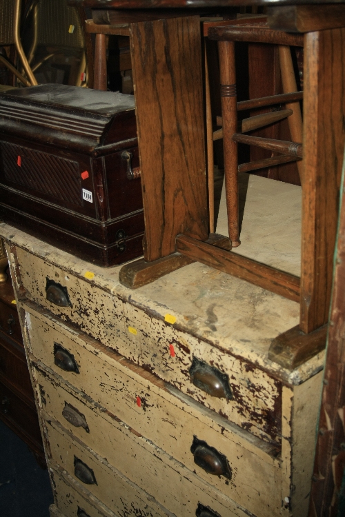 A PAINTED CHEST OF FIVE LONG DRAWERS, a singer sewing machine, two chairs, an oak occasional table