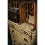 A PAINTED CHEST OF FIVE LONG DRAWERS, a singer sewing machine, two chairs, an oak occasional table