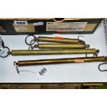 FOUR SALTERS BRASS SPRING BALANCES, two different sizes