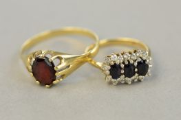 TWO 9CT DRESS RINGS, garnet, approximate weight 2.3 grams, ring size Z, sapphire and diamond,